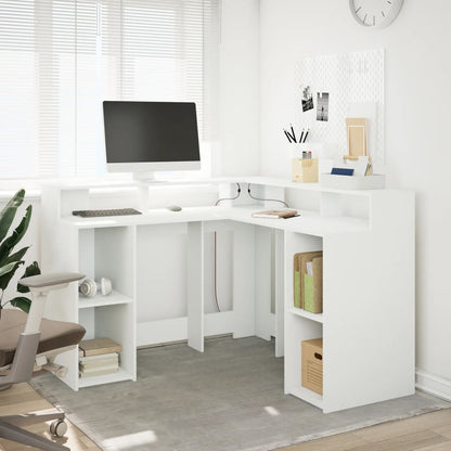 Desk with LED Lights White 130x130x91 cm Engineered Wood