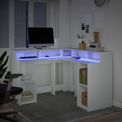 Desk with LED Lights White 130x130x91 cm Engineered Wood