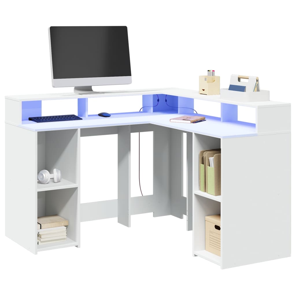 Desk with LED Lights White 130x130x91 cm Engineered Wood