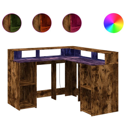 Desk with LED Lights Smoked Oak 130x130x91 cm Engineered Wood