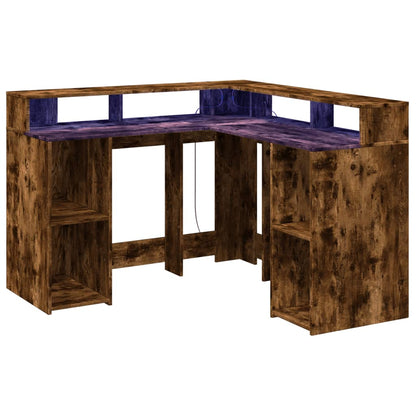 Desk with LED Lights Smoked Oak 130x130x91 cm Engineered Wood