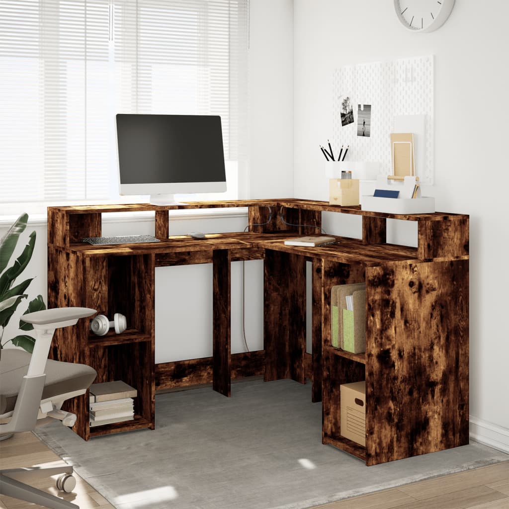 Desk with LED Lights Smoked Oak 130x130x91 cm Engineered Wood