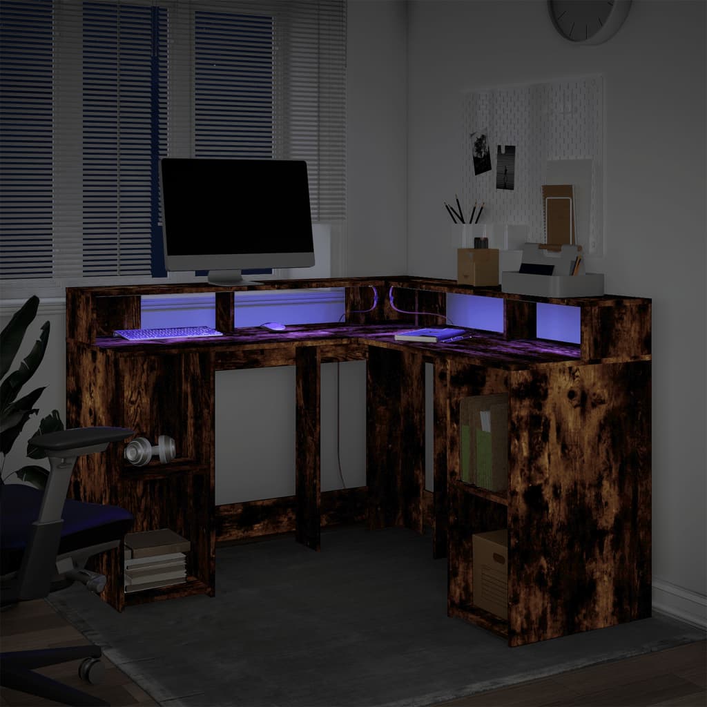 Desk with LED Lights Smoked Oak 130x130x91 cm Engineered Wood