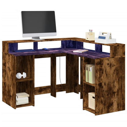 Desk with LED Lights Smoked Oak 130x130x91 cm Engineered Wood