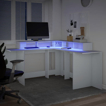 Desk with LED Lights White 152x152x91 cm Engineered Wood