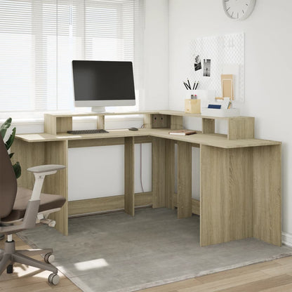 Desk with LED Lights Sonoma Oak 152x152x91 cm Engineered Wood