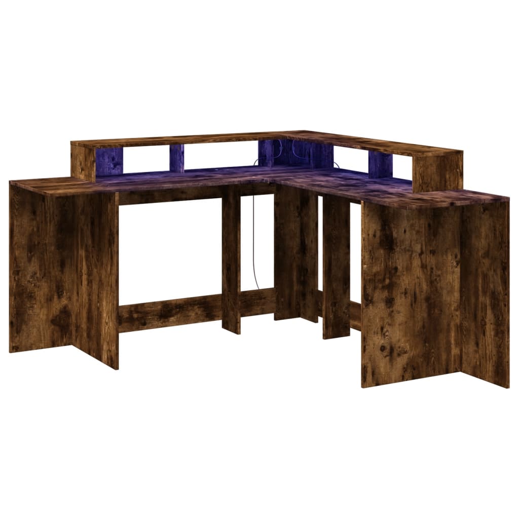 Desk with LED Lights Smoked Oak 152x152x91 cm Engineered Wood