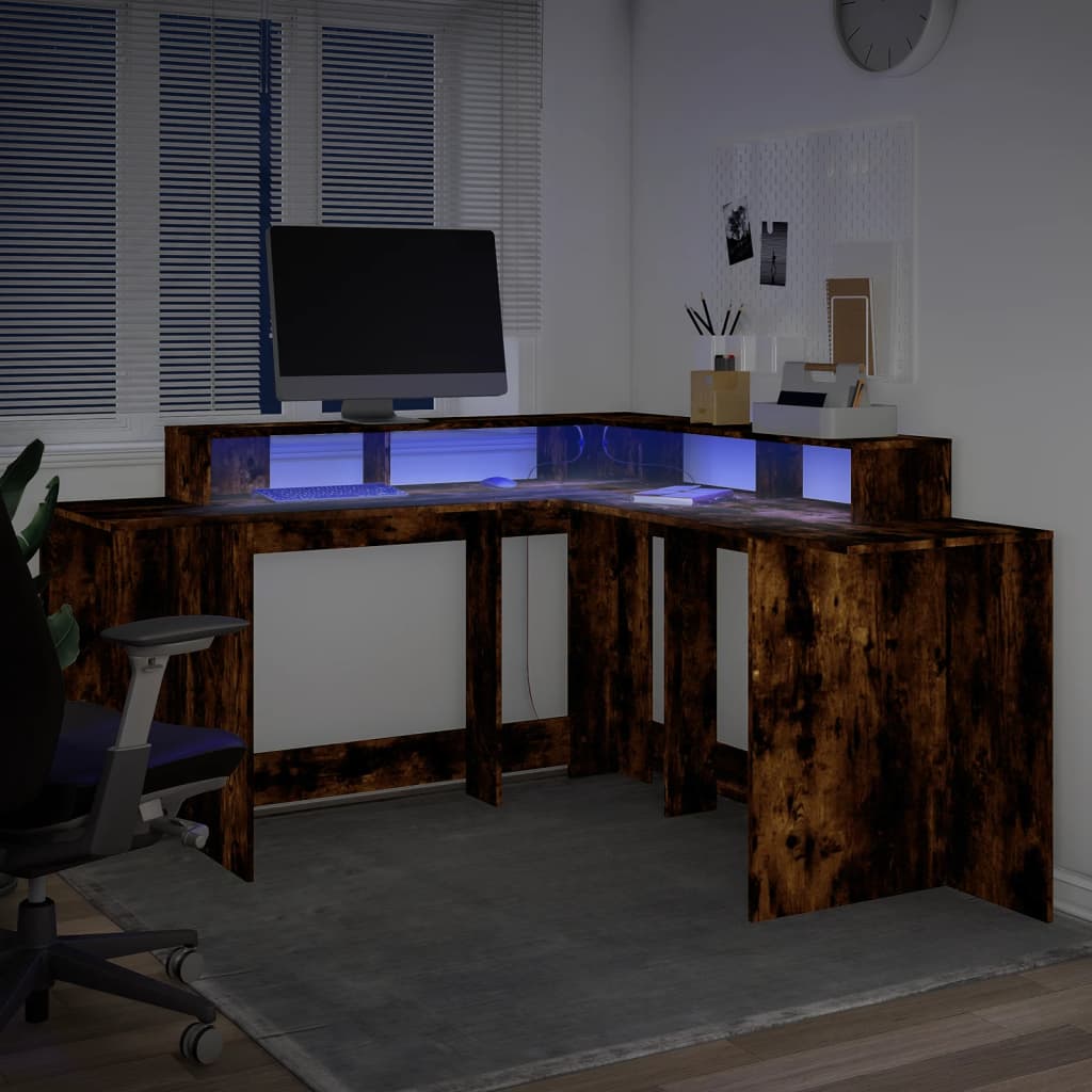 Desk with LED Lights Smoked Oak 152x152x91 cm Engineered Wood