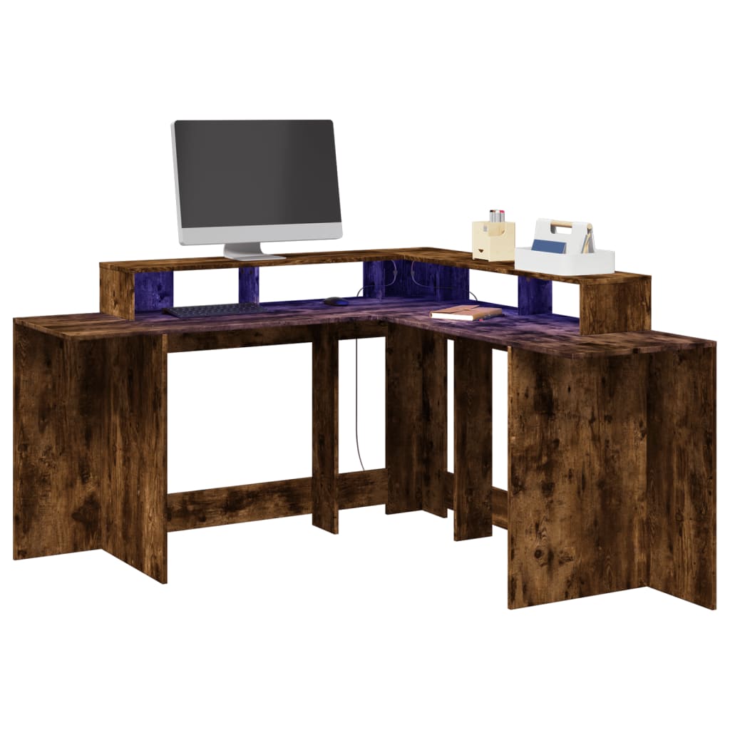 Desk with LED Lights Smoked Oak 152x152x91 cm Engineered Wood