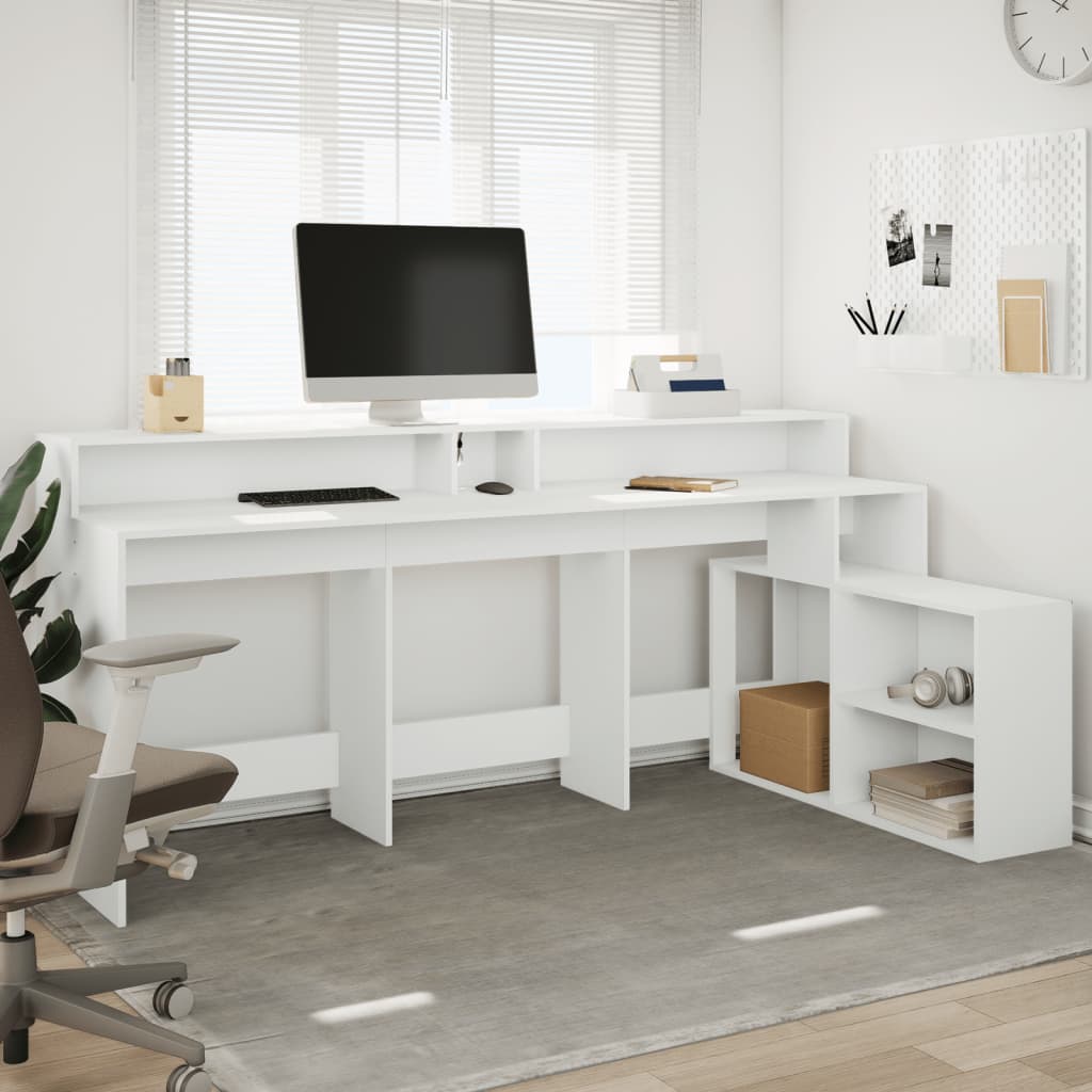 Desk with LED Lights White 200x104x91 cm Engineered Wood