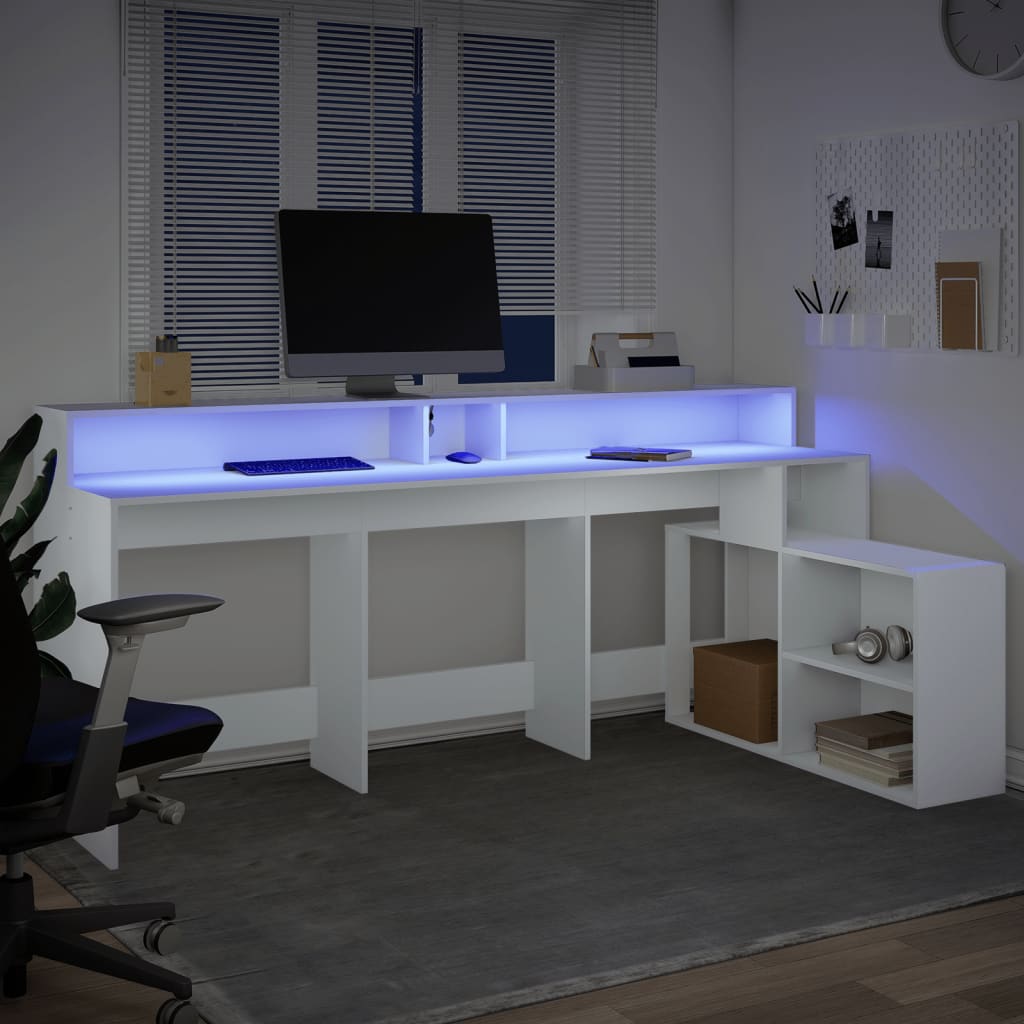 Desk with LED Lights White 200x104x91 cm Engineered Wood