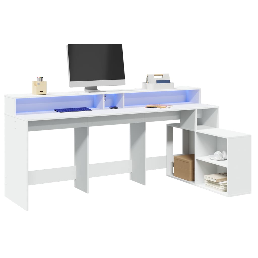 Desk with LED Lights White 200x104x91 cm Engineered Wood