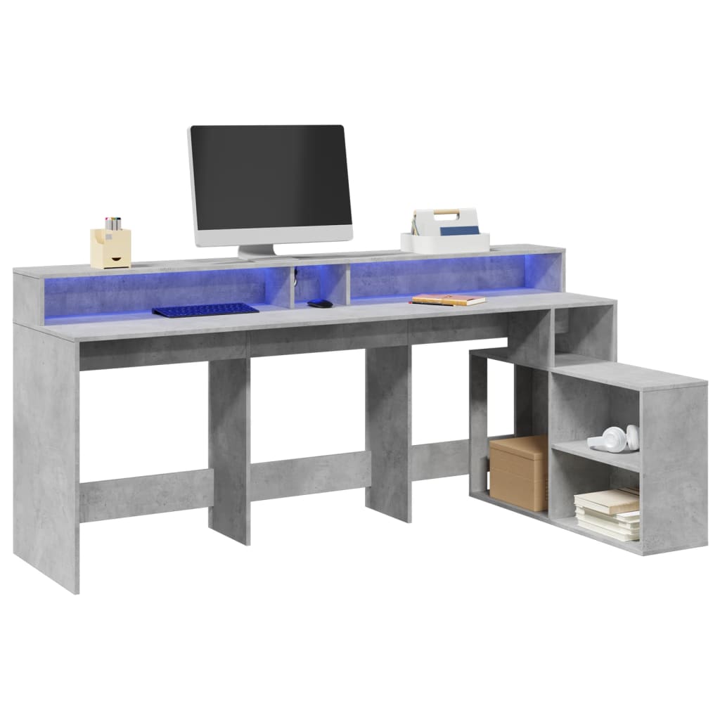 Desk with LED Lights Concrete Grey 200x104x91 cm Engineered Wood