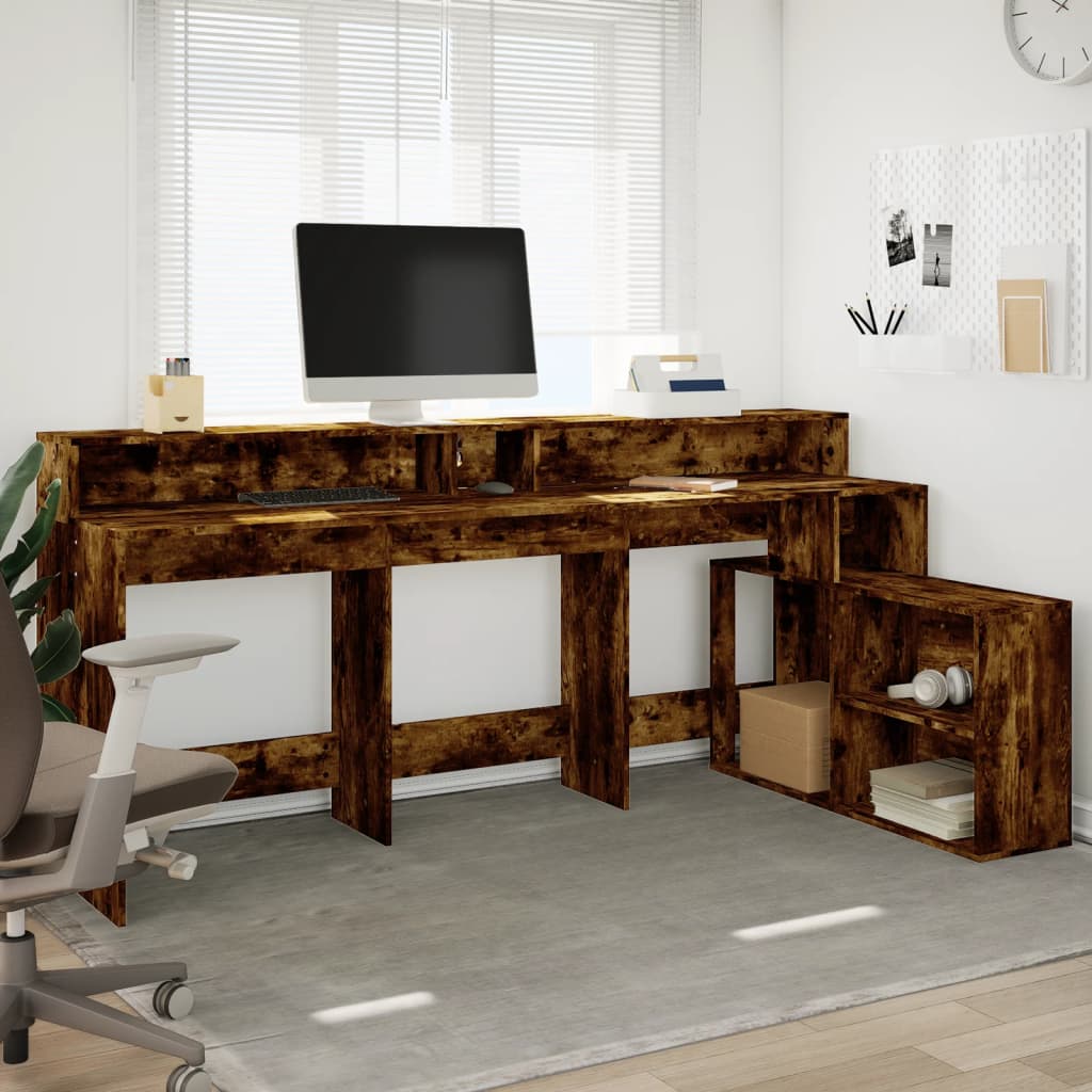 Desk with LED Lights Smoked Oak 200x104x91 cm Engineered Wood