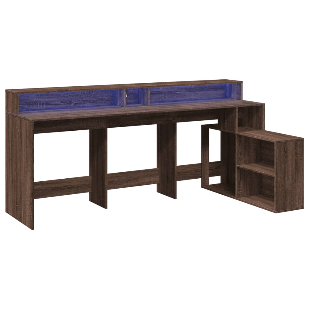 Desk with LED Lights Brown Oak 200x104x91 cm Engineered Wood