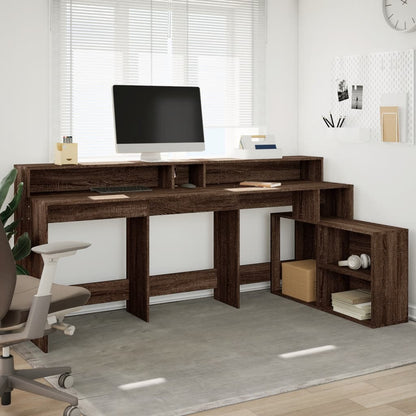 Desk with LED Lights Brown Oak 200x104x91 cm Engineered Wood