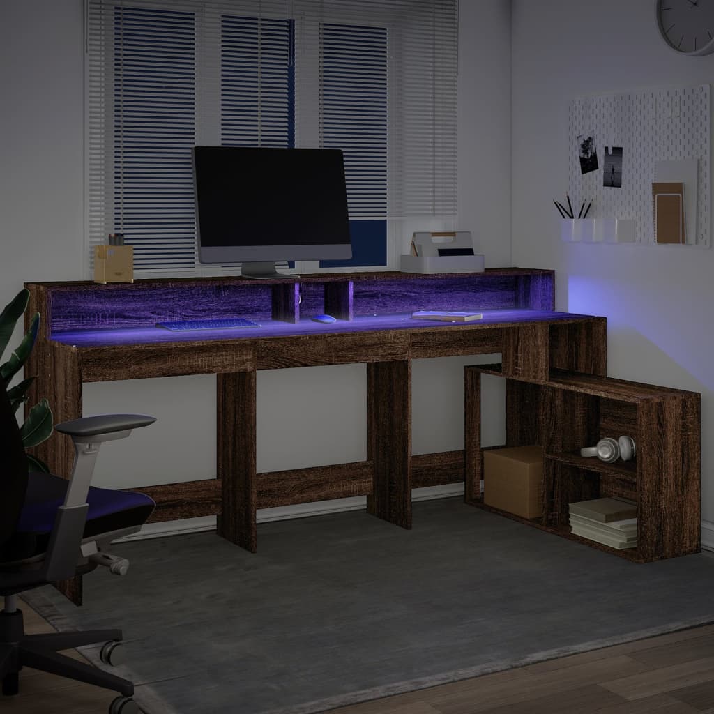 Desk with LED Lights Brown Oak 200x104x91 cm Engineered Wood