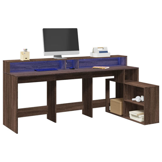 Desk with LED Lights Brown Oak 200x104x91 cm Engineered Wood