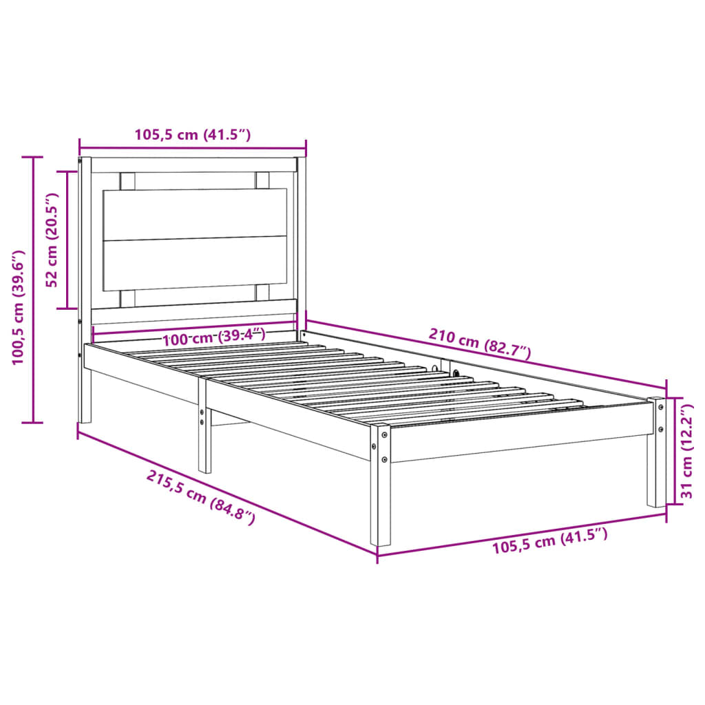 Extra Long Bed Frame without Mattress White 100x210 cm Solid Wood