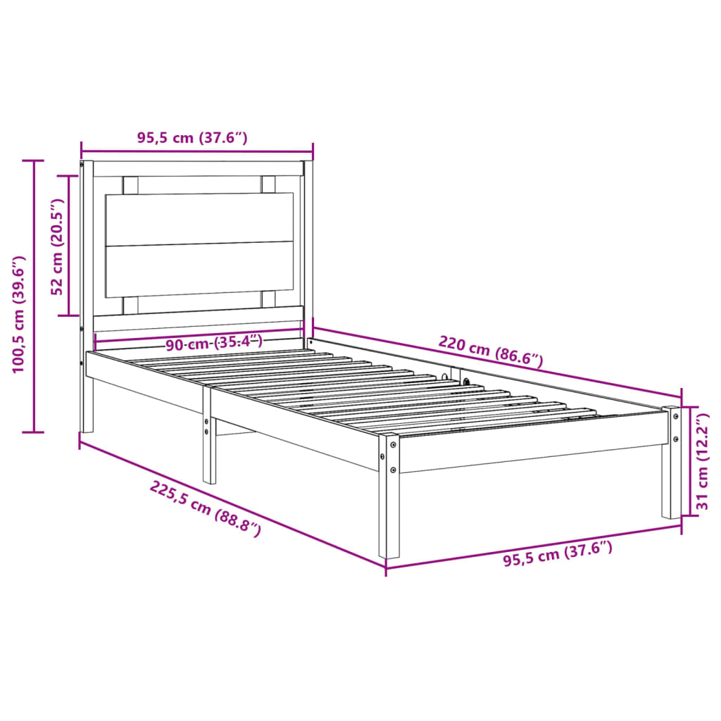 Extra Long Bed Frame without Mattress 90x220 cm Solid Wood