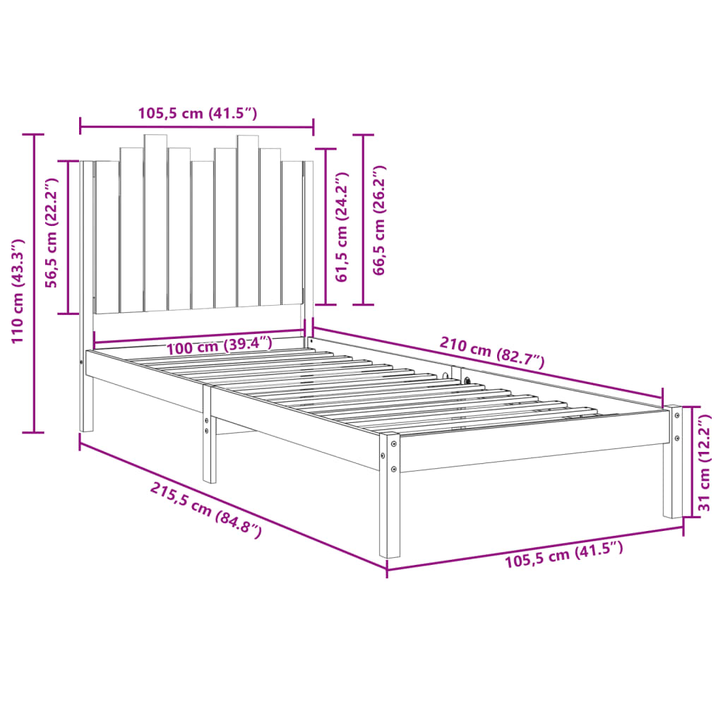 Extra Long Bed Frame without Mattress White 100x210 cm Solid Wood