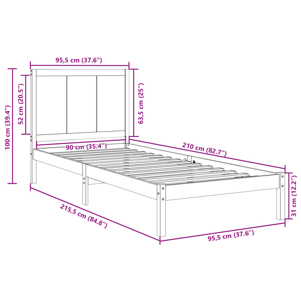 Extra Long Bed Frame without Mattress 90x210 cm Solid Wood