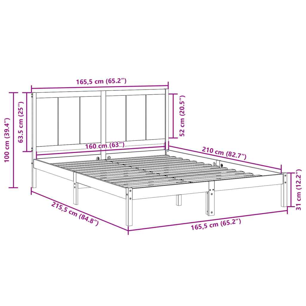 Extra Long Bed Frame without Mattress 160x210 cm Solid Wood