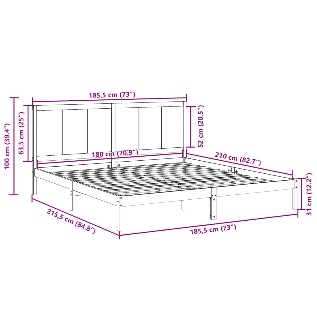 Extra Long Bed Frame without Mattress 180x210 cm Solid Wood