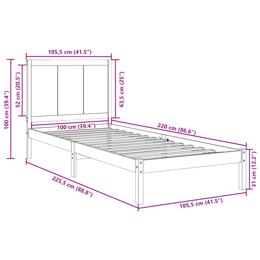 Extra Long Bed Frame without Mattress 100x220 cm Solid Wood