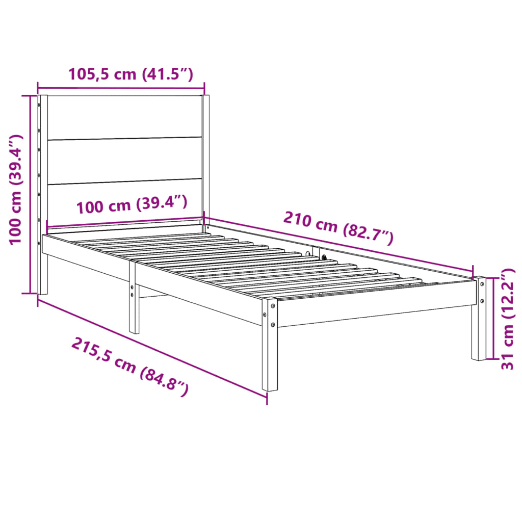 Extra Long Bed Frame without Mattress 100x210 cm Solid Wood