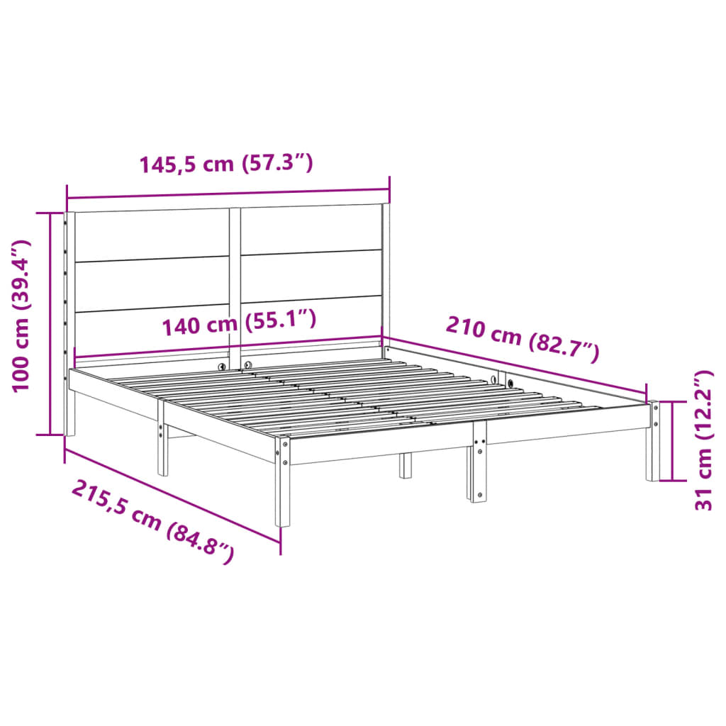 Extra Long Bed Frame without Mattress 140x210 cm Solid Wood