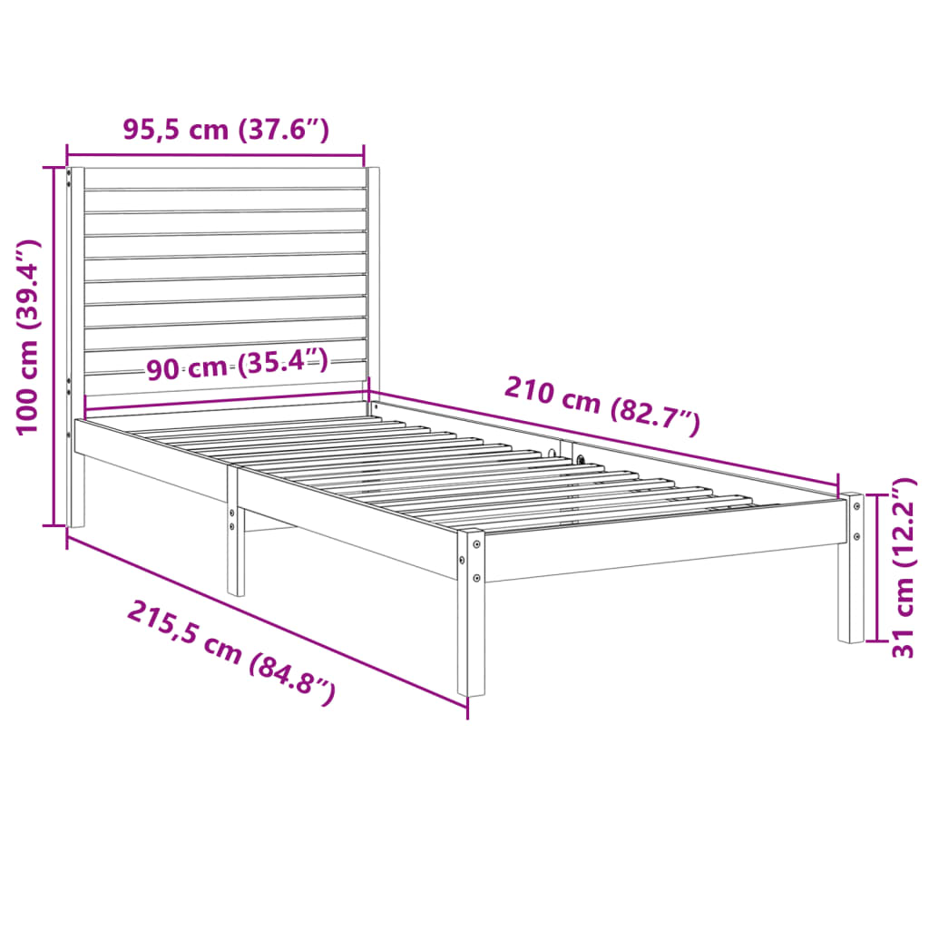 Extra Long Bed Frame without Mattress 90x210 cm Solid Wood