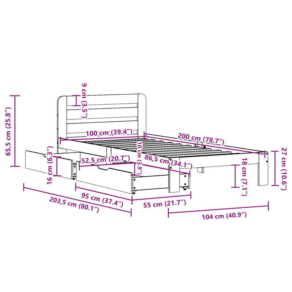 Bed Frame without Mattress White 100x200 cm Solid Wood Pine