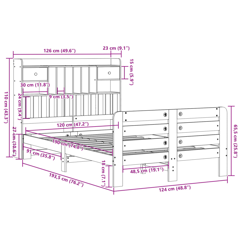 Bookcase Bed without Mattress White 120x190 cm Small Double Solid Wood Pine