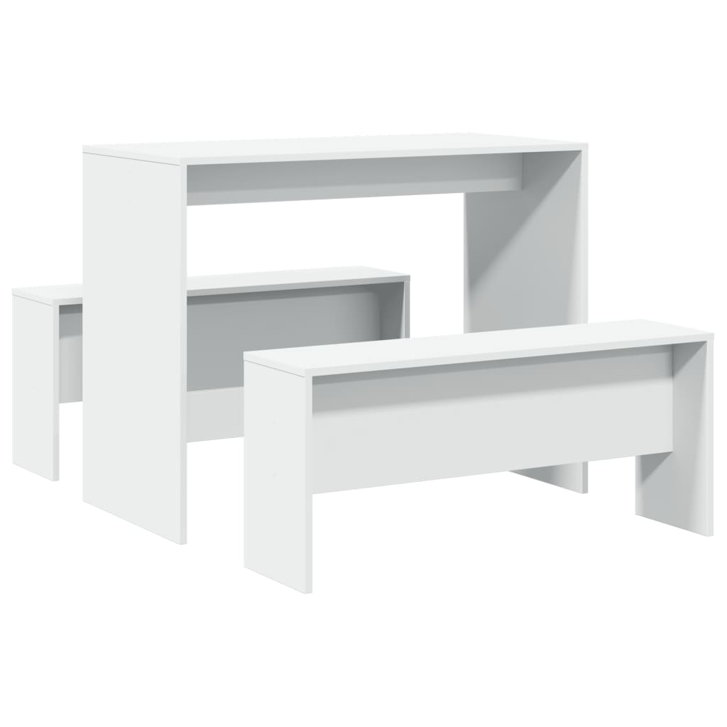 3 Piece Dining Table and Bench set White Engineered Wood