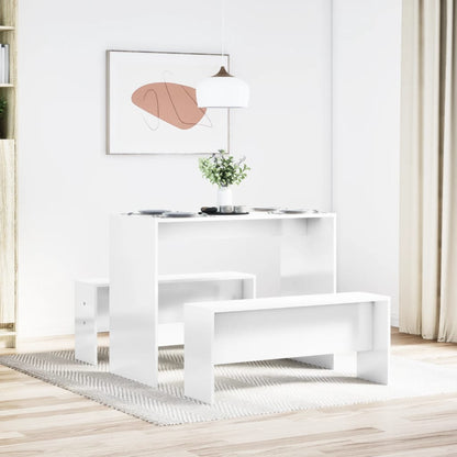 3 Piece Dining Table and Bench set High Gloss White Engineered Wood