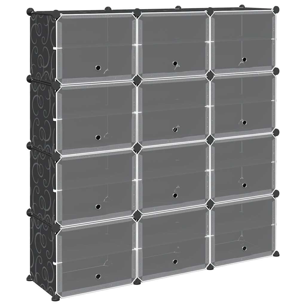 Storage Cube Organiser with 12 Cubes and Doors Black PP