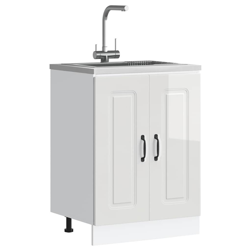 Sink Base Cabinet Kalmar High Gloss White 60x46x81.5 cm Engineered Wood