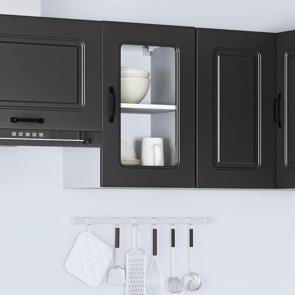 Kitchen Wall Cabinet with Glass Door Kalmar Black Engineered Wood