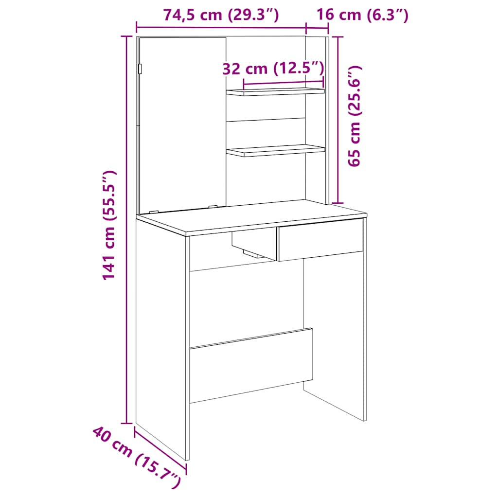 Dressing Table with Mirror Old Wood 74.5x40x141 cm