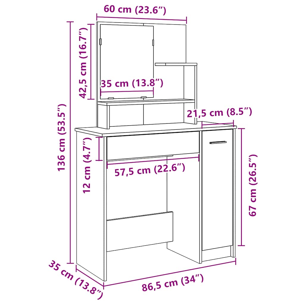 Dressing Table with Mirror Artisan Oak 86.5x35x136 cm