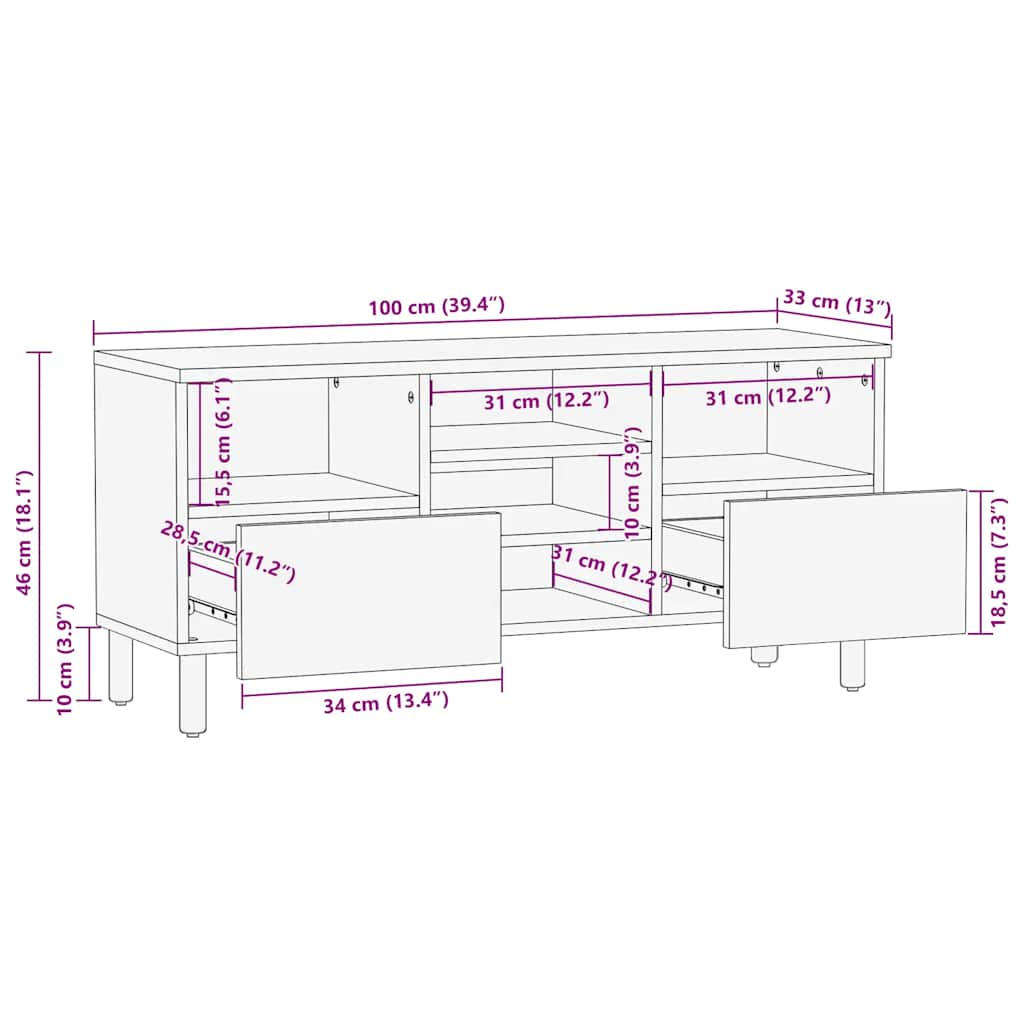 TV Cabinet Brown 100x33x46 cm Solid Wood Mango