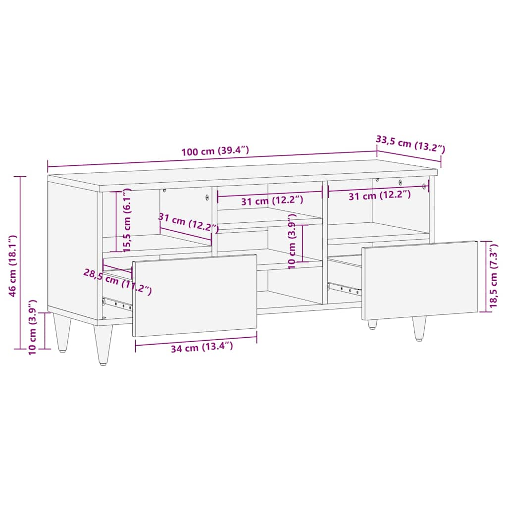 TV Cabinet 100x33.5x46 cm Solid Wood Mango