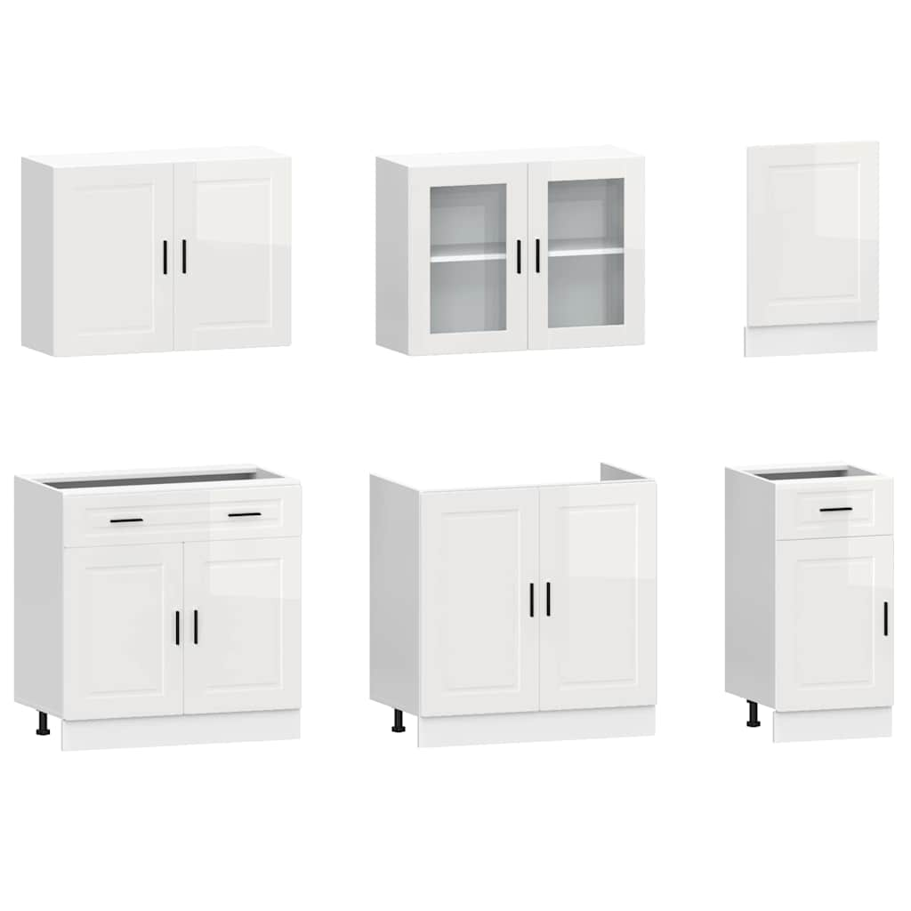 7 Piece Kitchen Cabinet Set Kalmar High Gloss White Engineered Wood