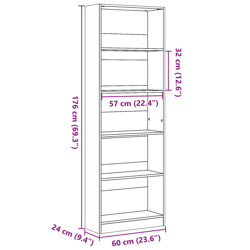 Bookcase Sonoma Oak 60x24x176 cm Engineered Wood