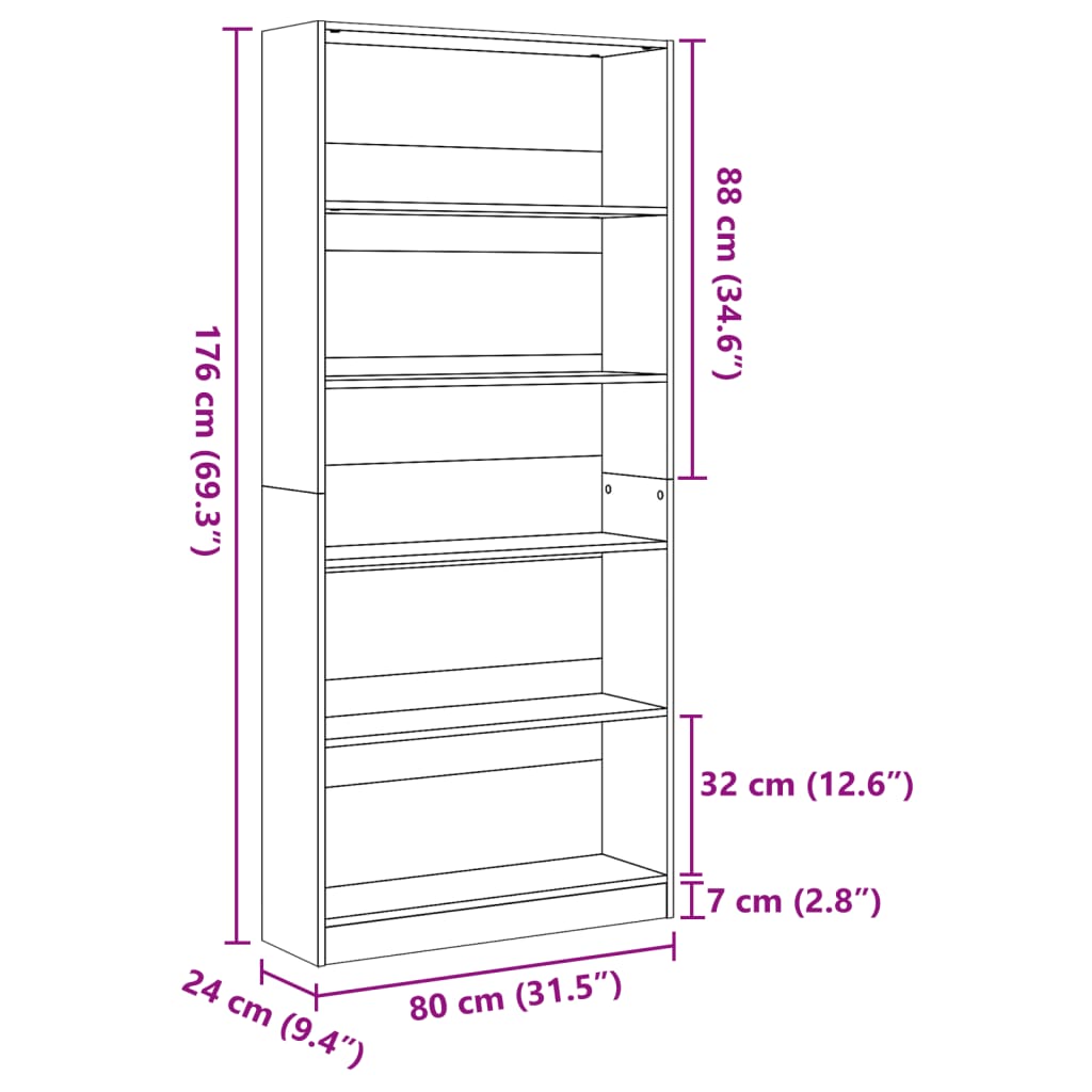 Bookcase White 80x24x176 cm Engineered Wood