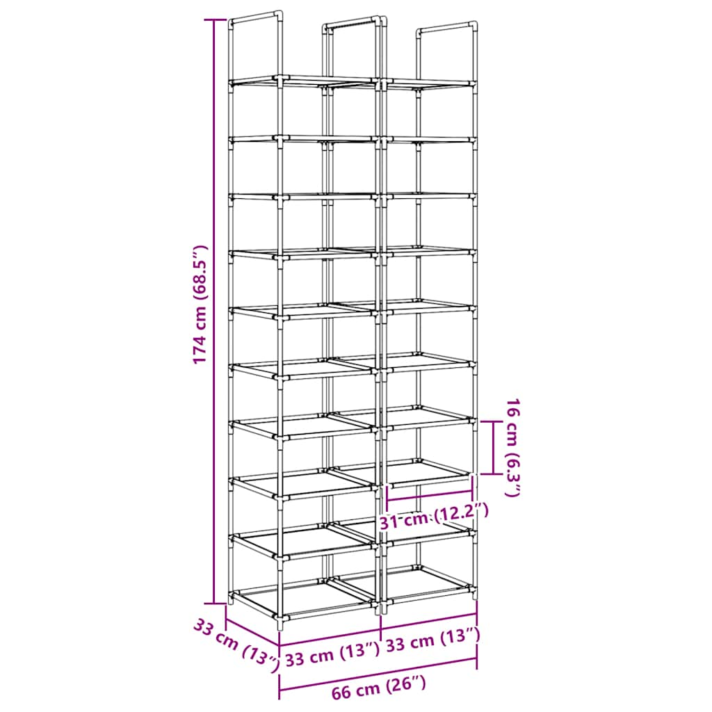 Shoe Racks 2 pcs 10-Tier Black 33x33x174 cm Non-woven Fabric