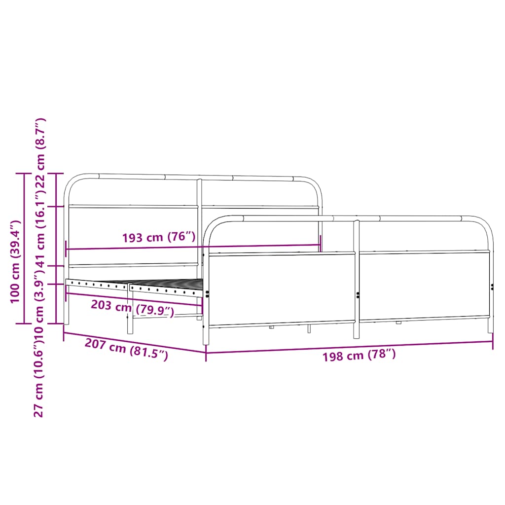 Metal Bed Frame without Mattress Sonoma Oak 193x203 cm