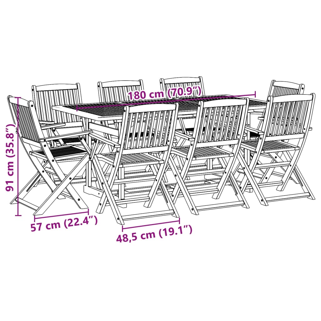 9 Piece Garden Dining Set 180x90x75 cm Solid Wood Acacia