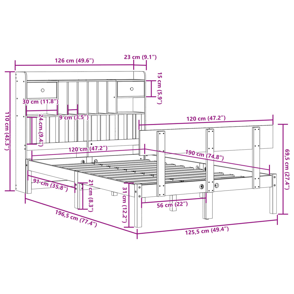 Bookcase Bed without Mattress White 120x190 cm Small Double Solid Wood Pine